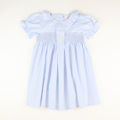 Embroidered Silhouette Bunny Smocked Geo Dress - Blue Stripe Seersucker