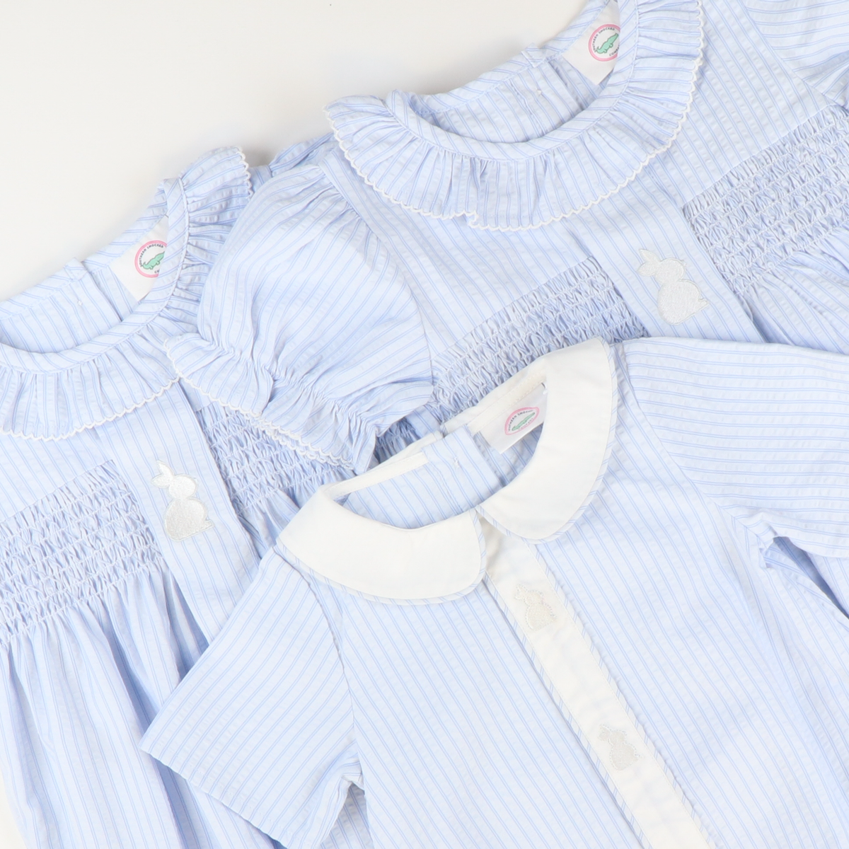 Embroidered Silhouette Bunny Smocked Geo Dress - Blue Stripe Seersucker