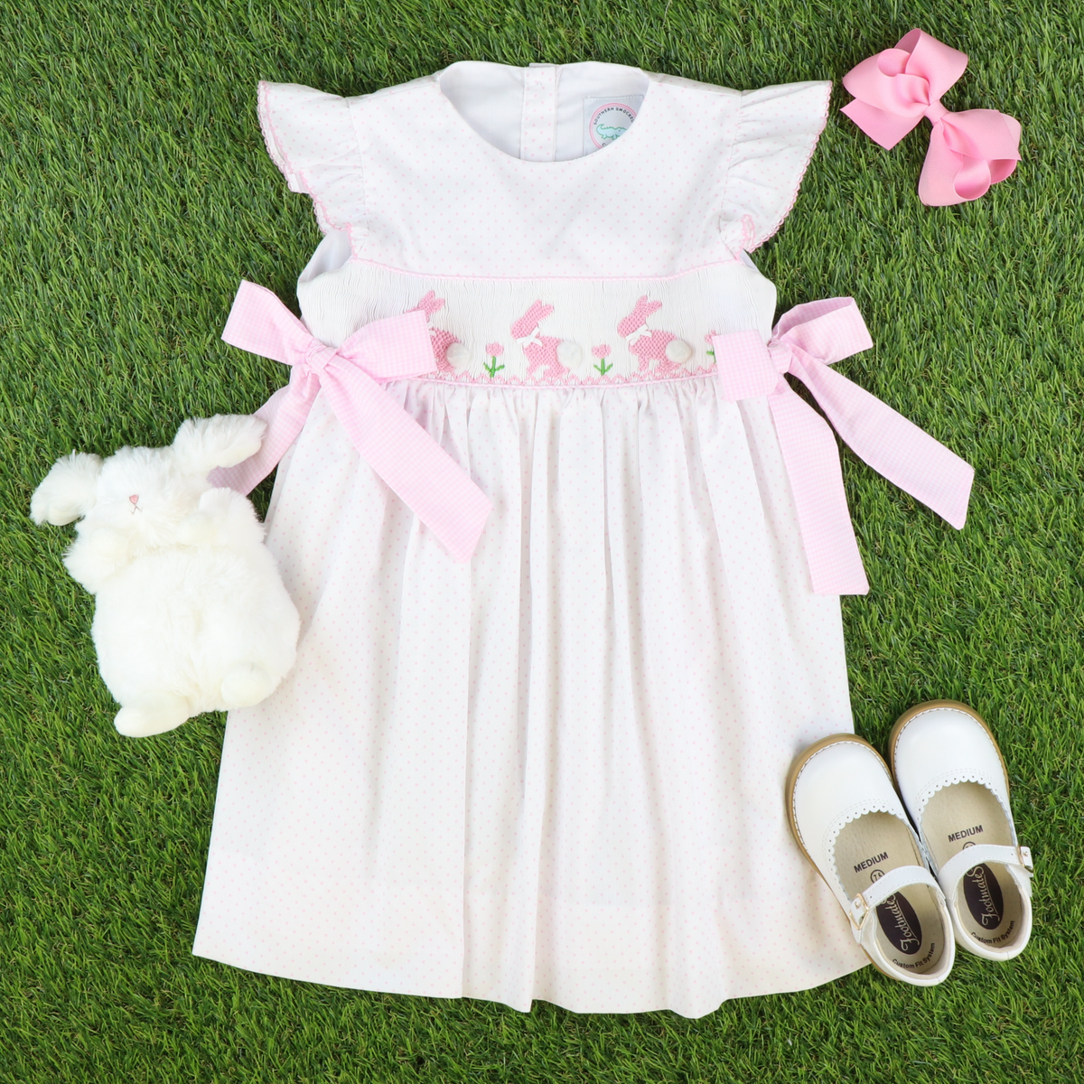 Smocked Silhouette Light Pink Bunnies Dress - Pink Tiny Dots