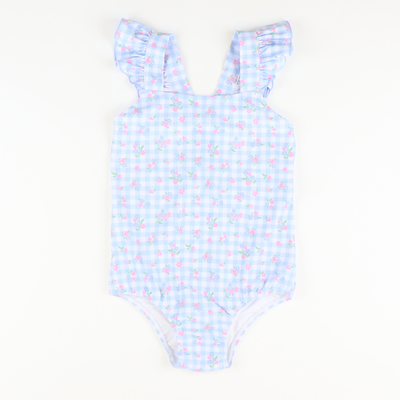 Flutter Swimsuit - Floral Light Blue Gingham