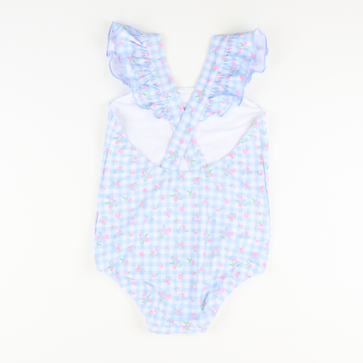 Flutter Swimsuit - Floral Light Blue Gingham