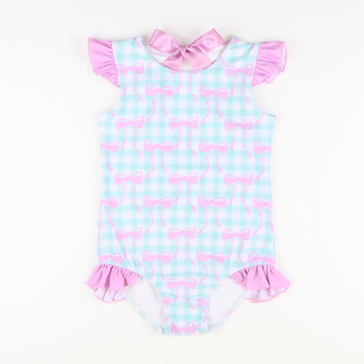 Rashguard Swimsuit - Pink Bows Mint Gingham