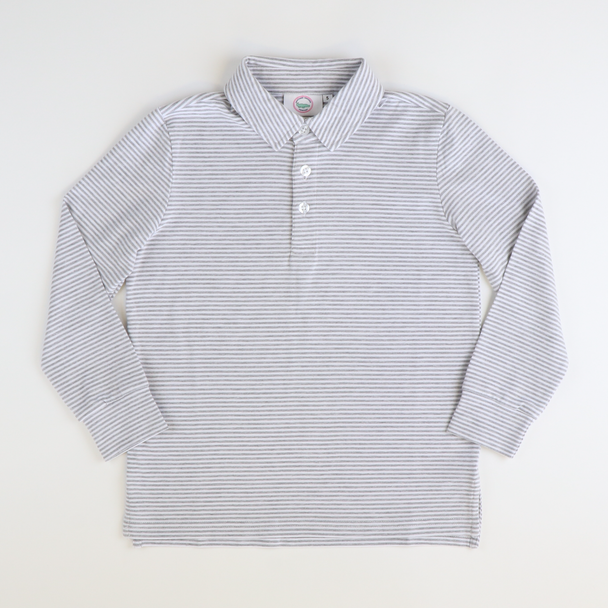 Boys Signature L/S Knit Polo - Gray & White Thin Stripe
