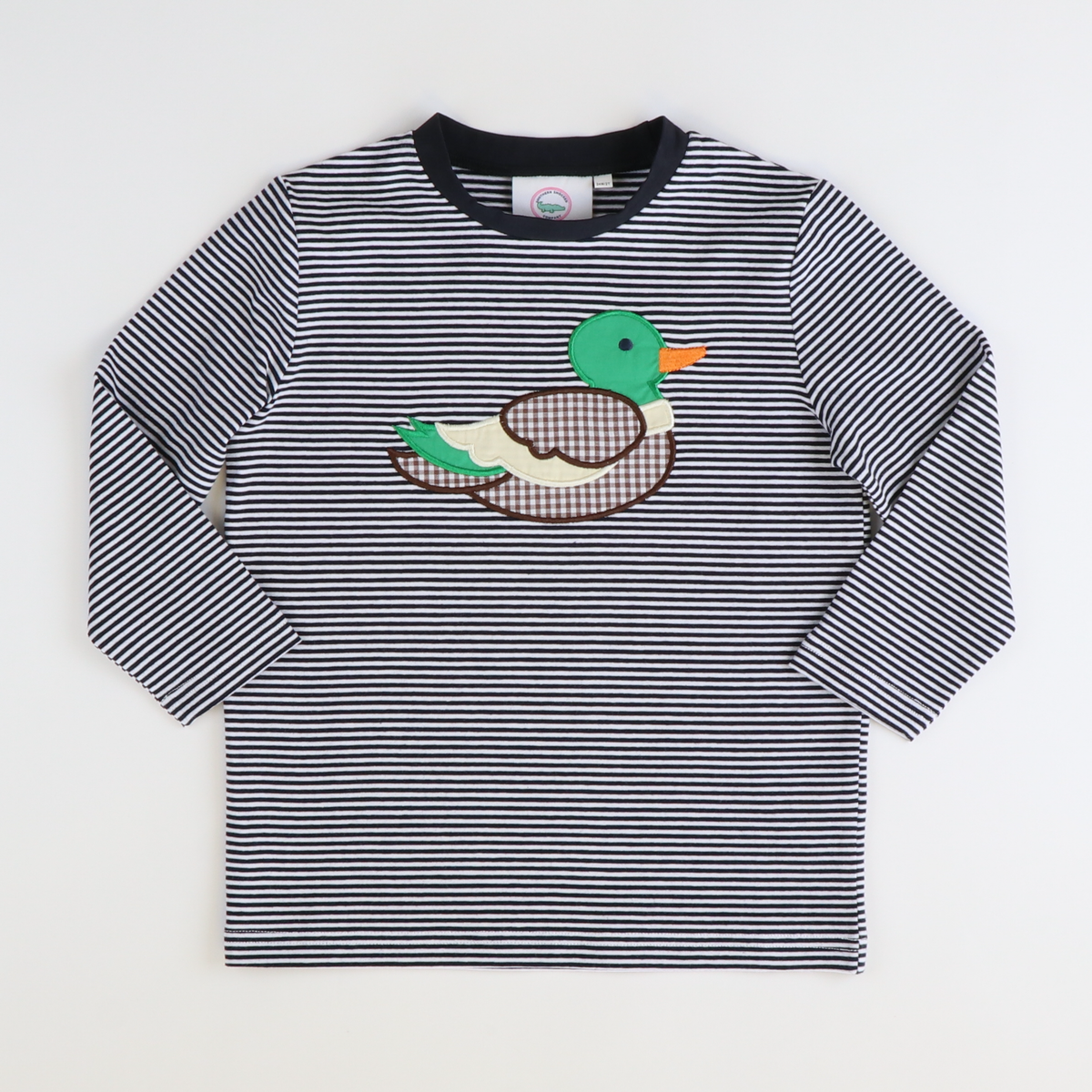 L/S Appliqué Shirt - Mallard - Navy Blue & White Thin Stripe