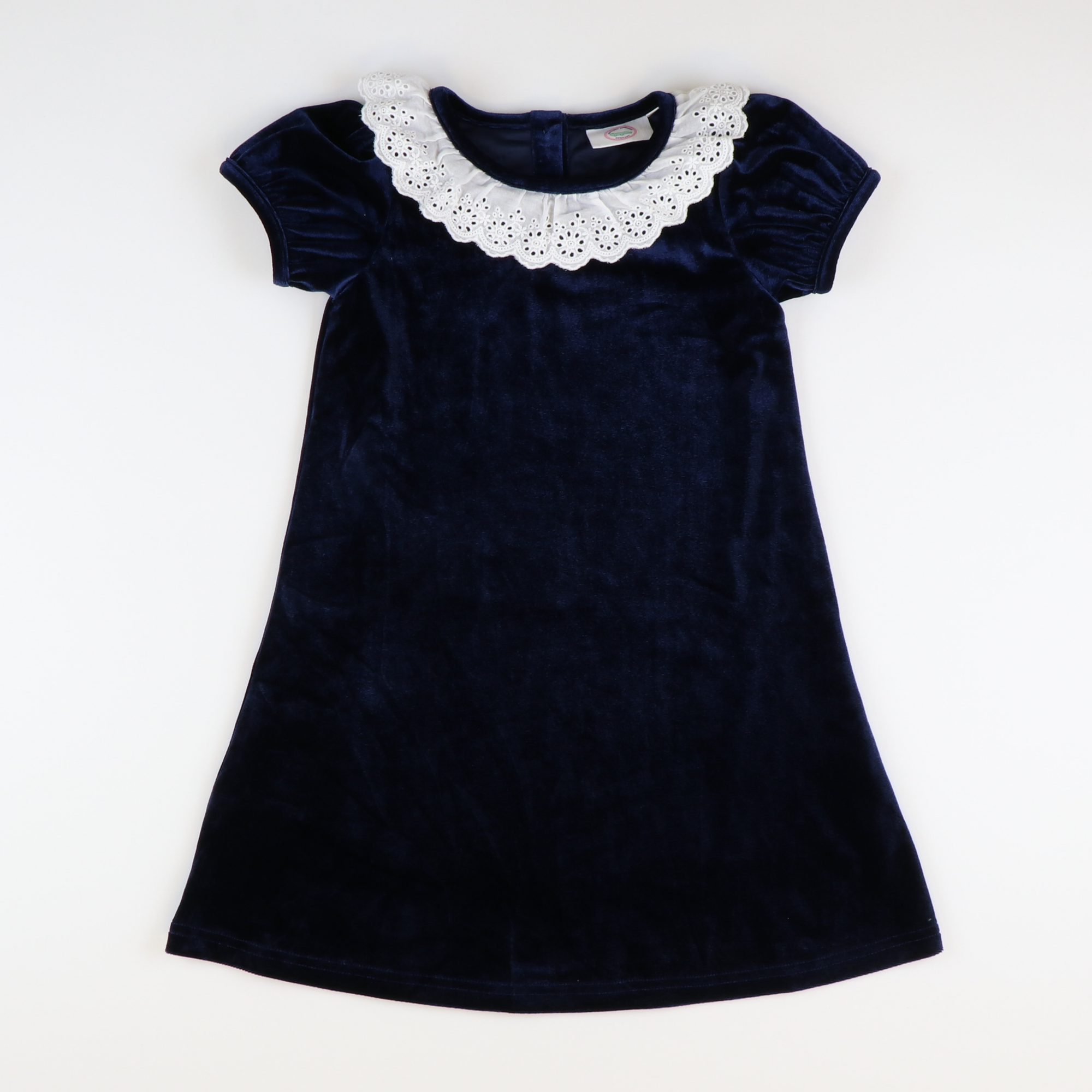 White Eyelet Ruffle Navy Blue Velvet Dress