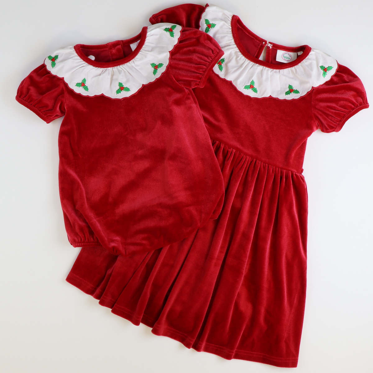 Embroidered Holly Holiday Red Velvet Girl Bubble