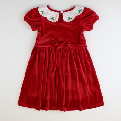 Embroidered Holly Holiday Red Velvet Dress