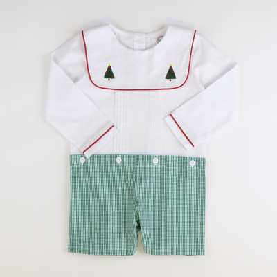 Embroidered Christmas Trees Short Set - Dark Green Mini Gingham