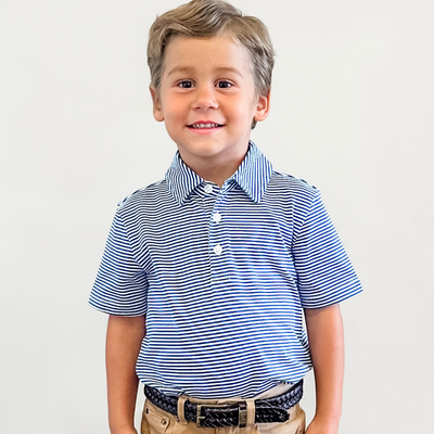 Boys Signature S/S Knit Polo - Slate Blue & White Thin Stripe