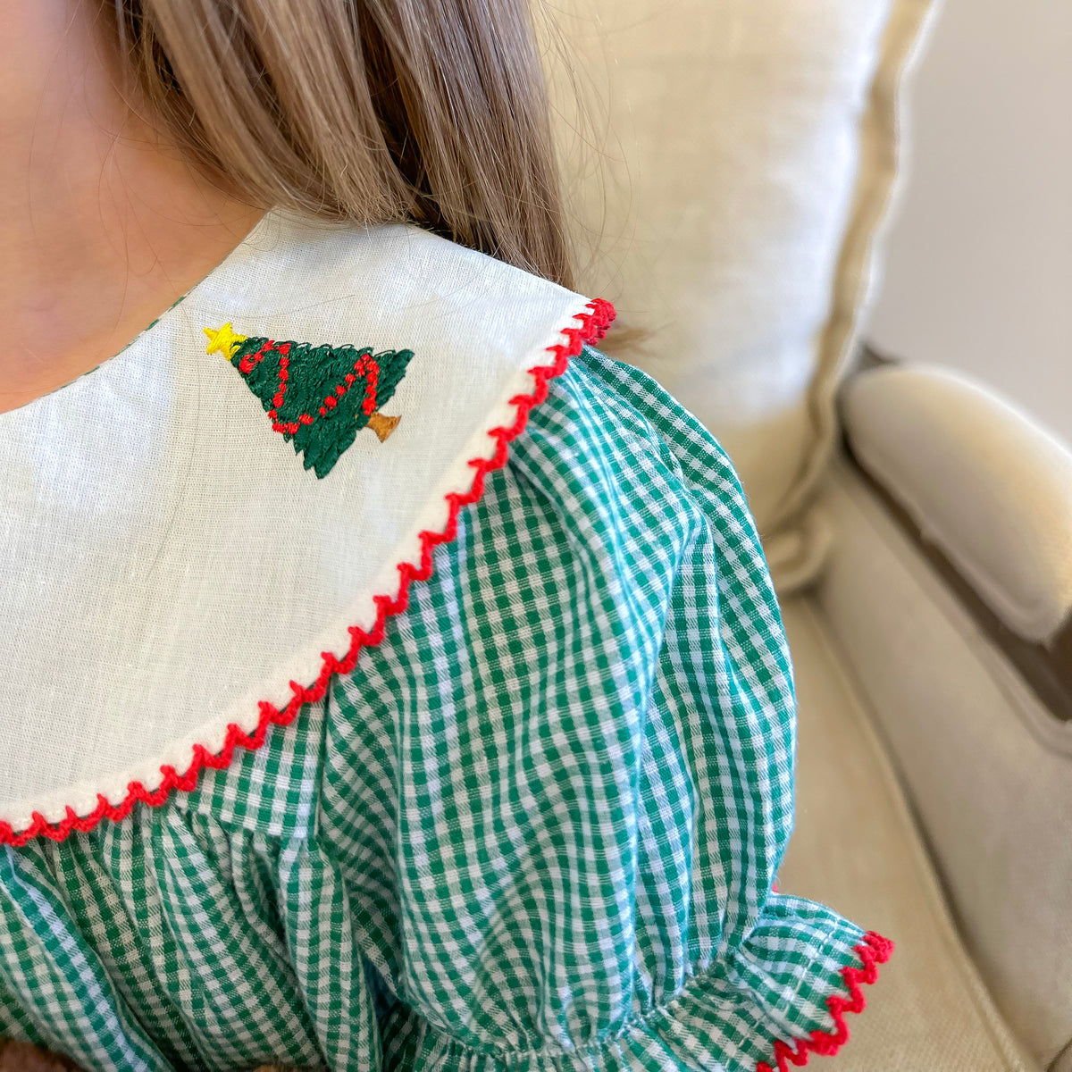 Embroidered Christmas Trees Bib Dress - Dark Green Mini Gingham