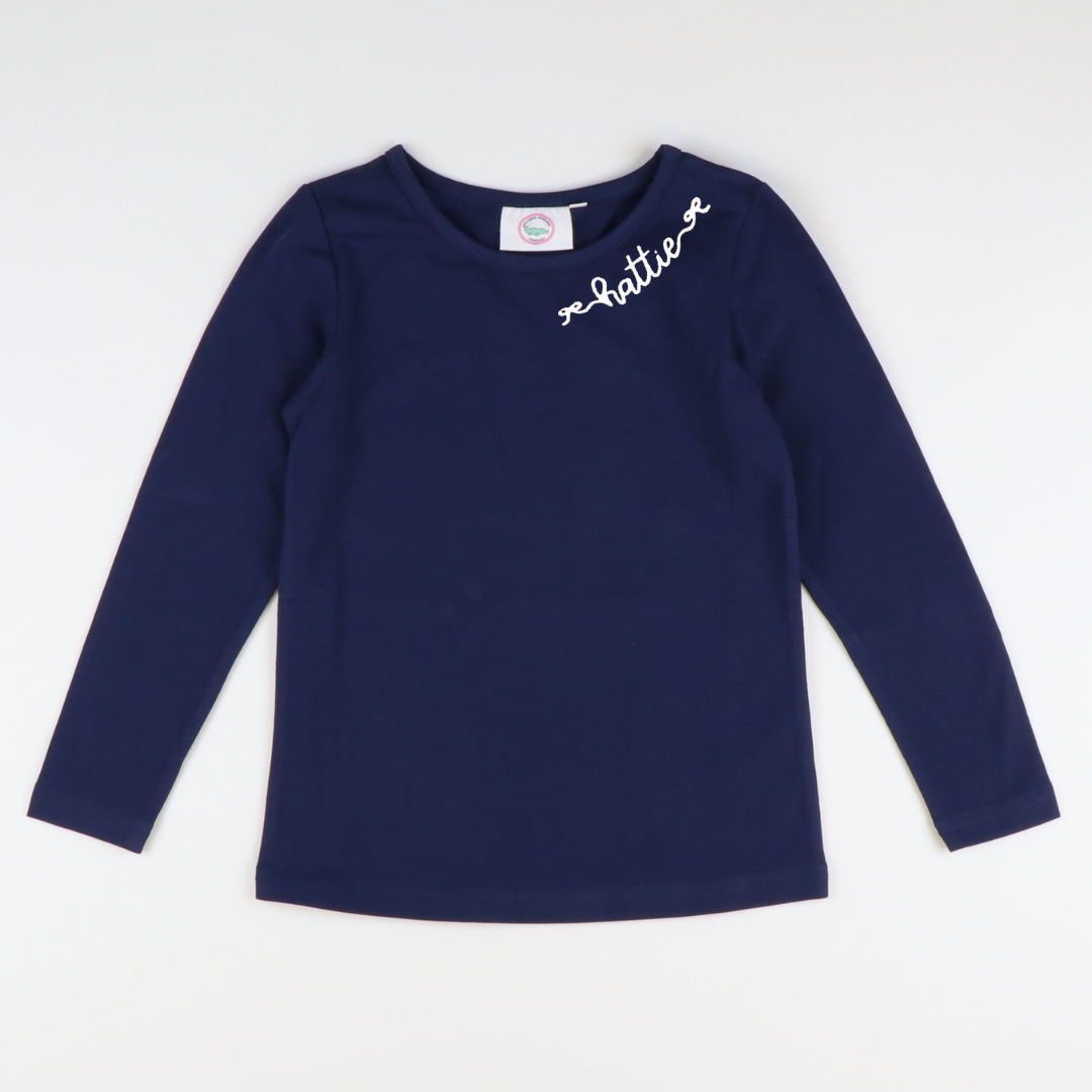 Embroidered Out & About Girl's L/S Tee - Navy Blue