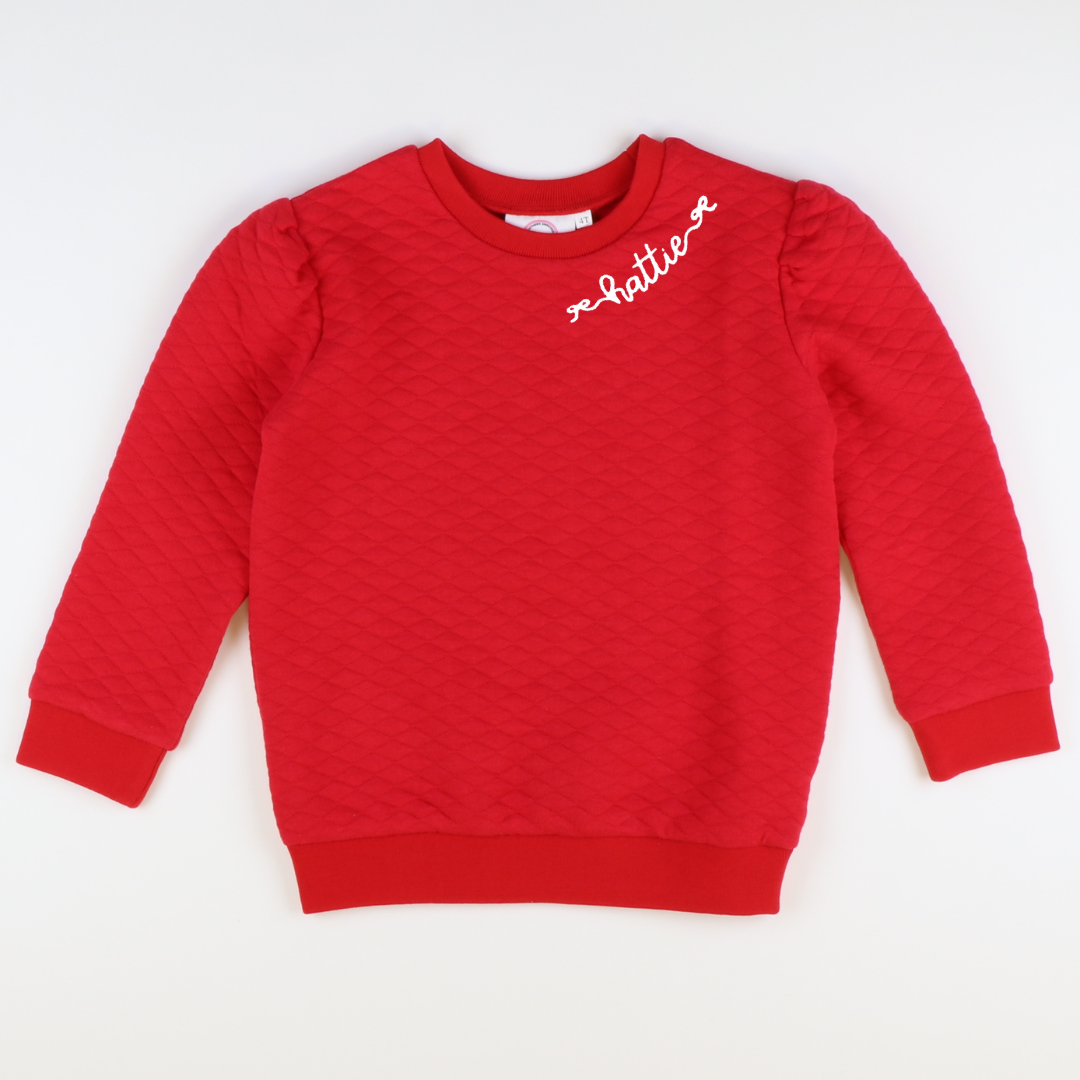 Embroidered Quilted Girls Sweatshirt - Red