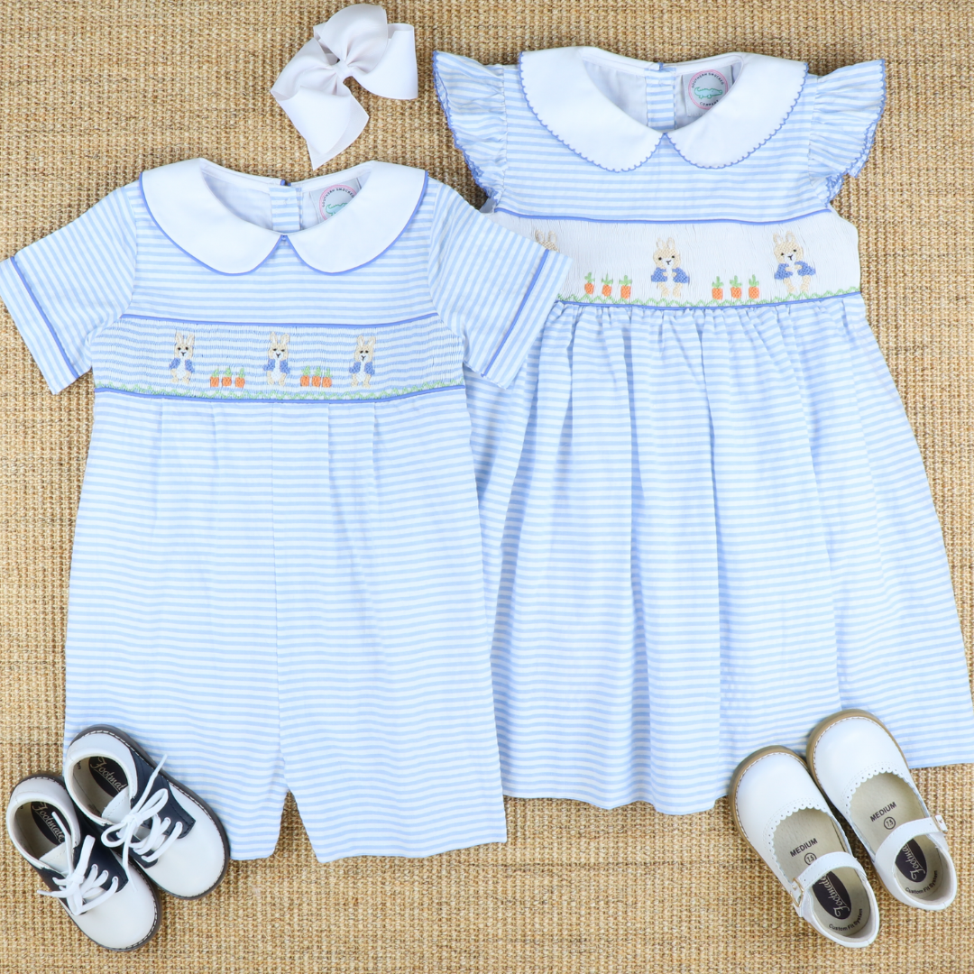 Smocked Storybook Rabbits Collared Dress - Light Blue Stripe Seersucker