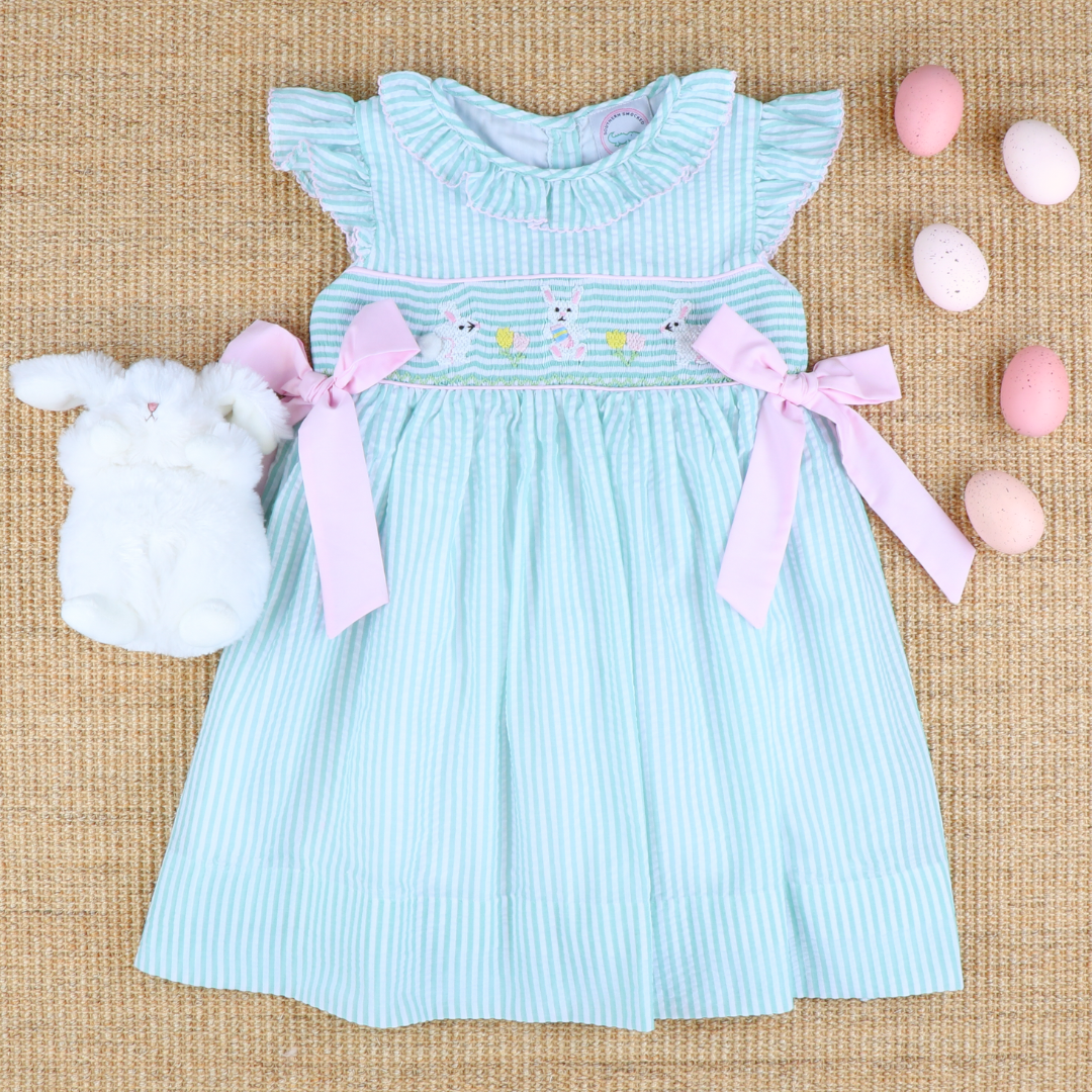 Smocked Easter Bunnies Ruffle Neck Dress - Mint Stripe Seersucker