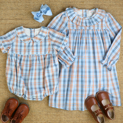 Collared Boy Bubble - Orange & Blue Plaid