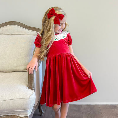 Embroidered Holly Holiday Red Velvet Dress