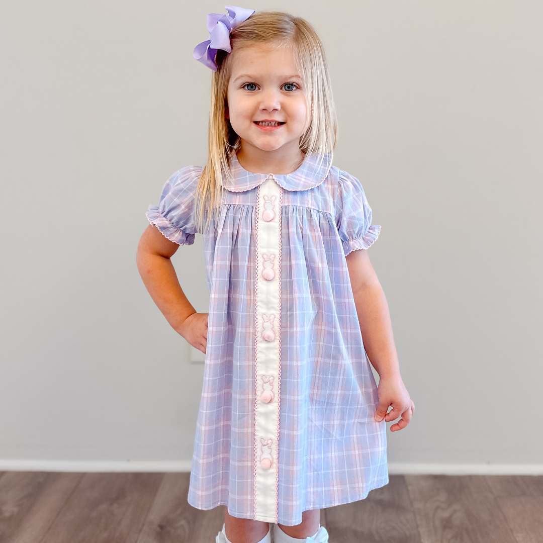 Embroidered Bunnies Collared Dress - Pink & Purple Plaid