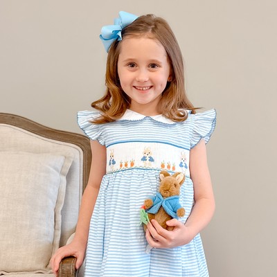 Smocked Storybook Rabbits Collared Dress - Light Blue Stripe Seersucker