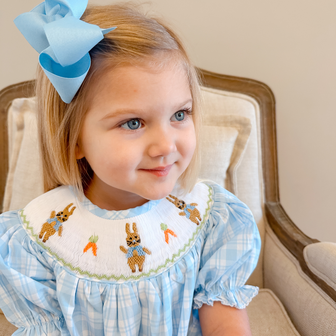 Smocked Classic Storybook Rabbits Bishop - Light Blue Plaid