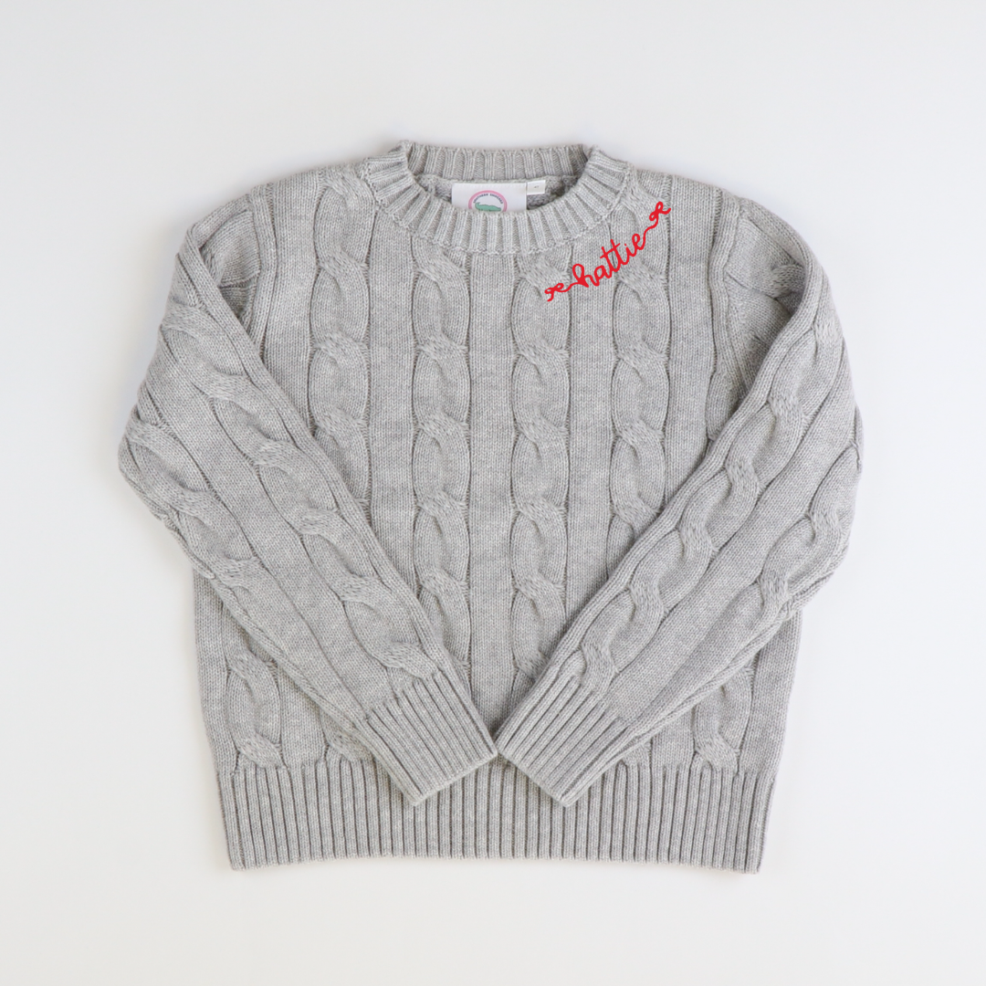 Embroidered Cable Knit Sweater - Gray