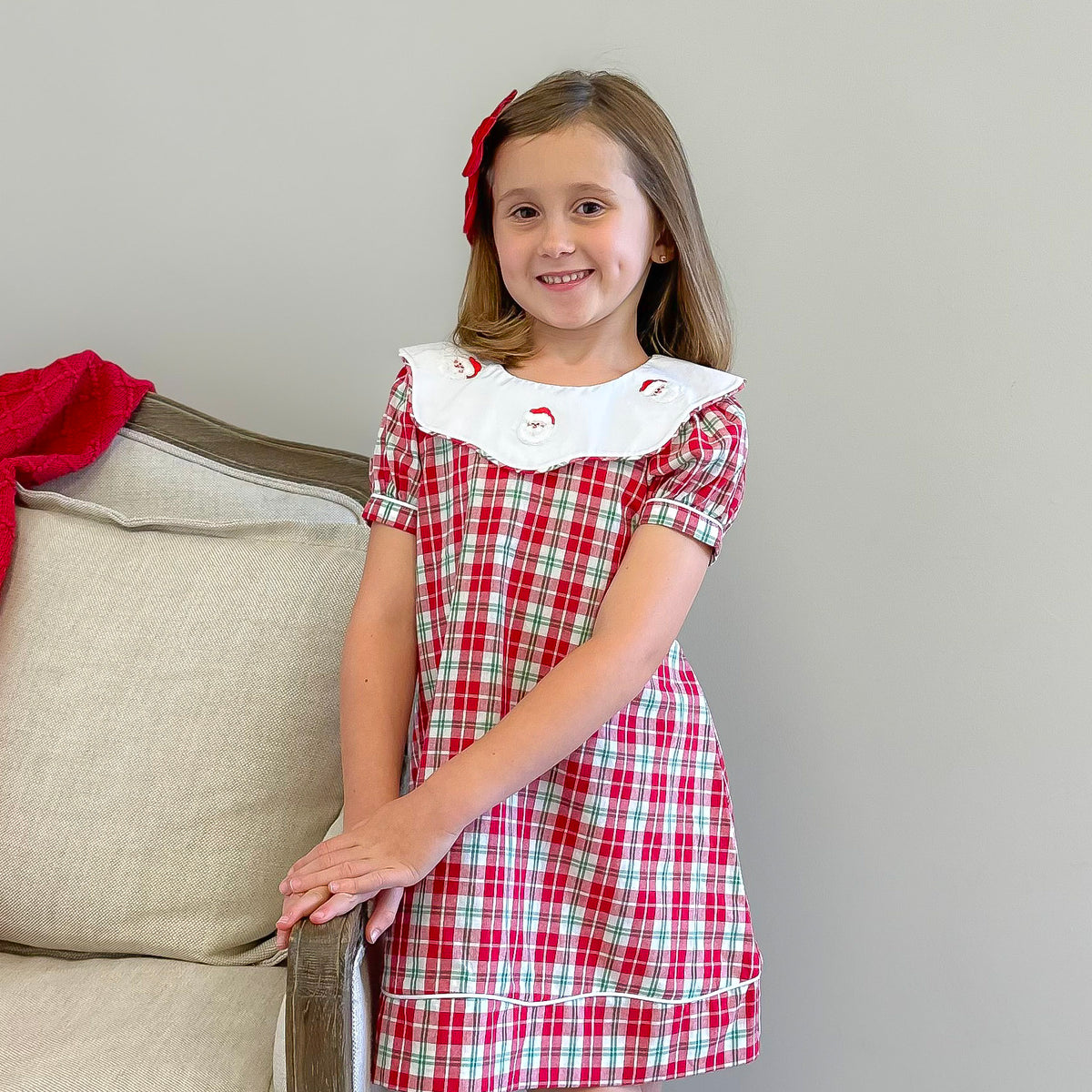 Embroidered Scalloped Santa Dress - Red & Green Plaid