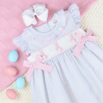 Embroidered Cottontail Bunnies Dress - Pink & Aqua Stripe Seersucker