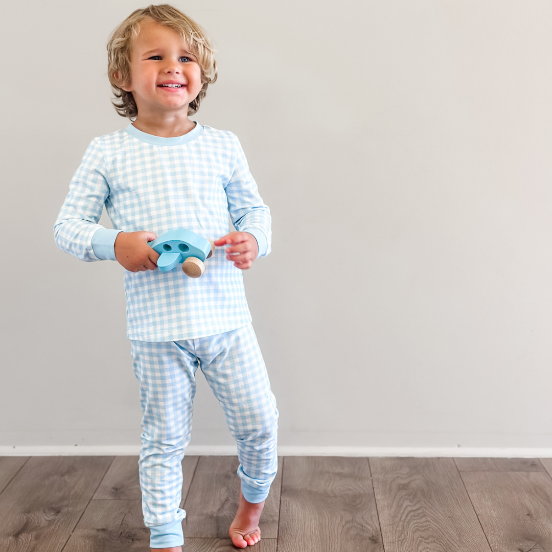 Boys Light Blue Check Long Sleeve Pajama Set