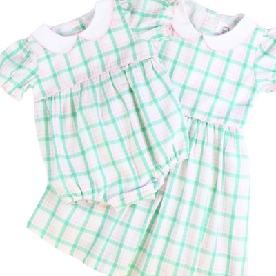 Collared Girl Bubble - Preppy Pink & Green Plaid