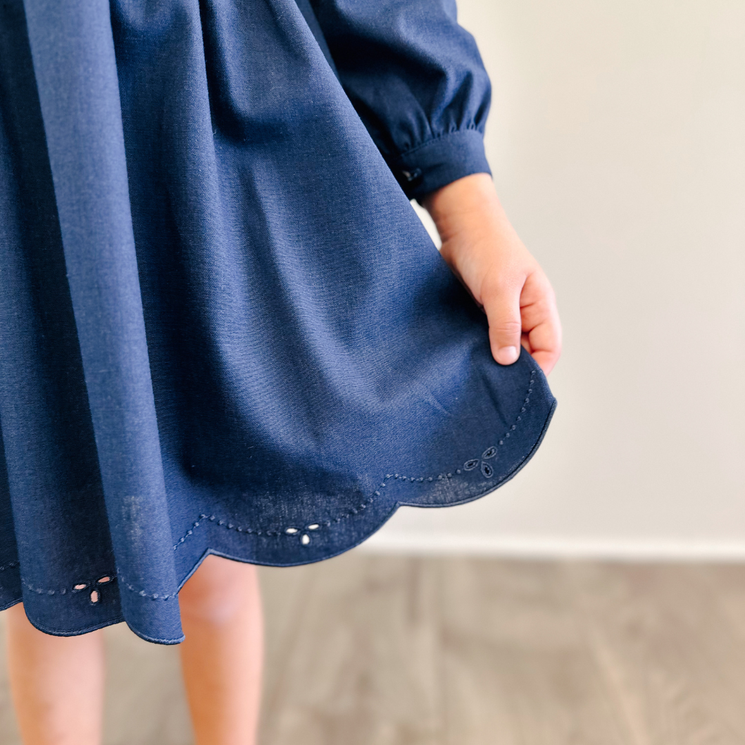 Embroidered Dress - Navy Linen