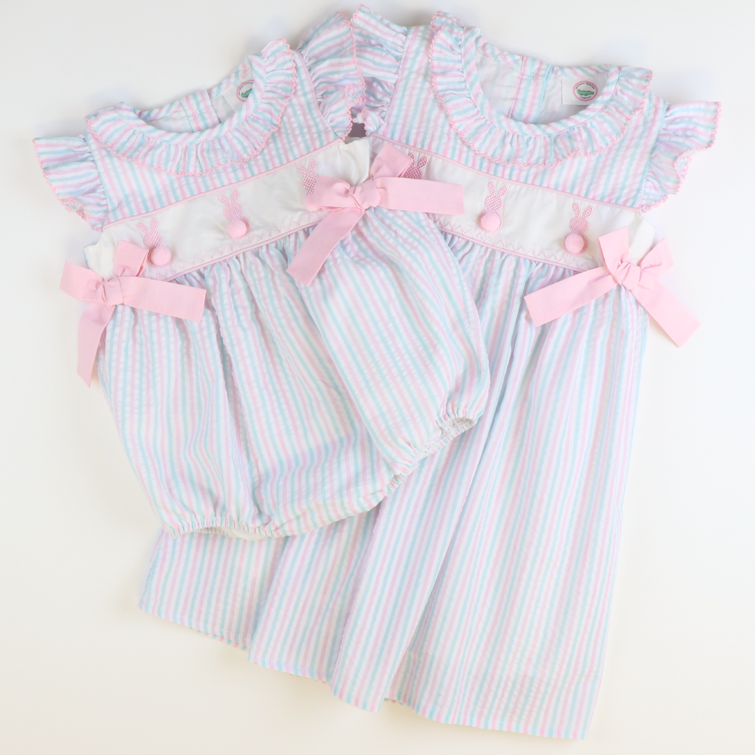 Embroidered Cottontail Bunnies Girl Bubble - Pink & Aqua Stripe Seersucker