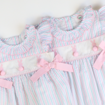 Embroidered Cottontail Bunnies Dress - Pink & Aqua Stripe Seersucker