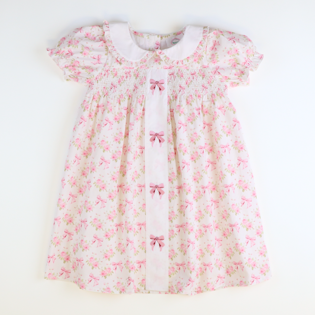 Embroidered Bows Dress - Pink Roses & Bows