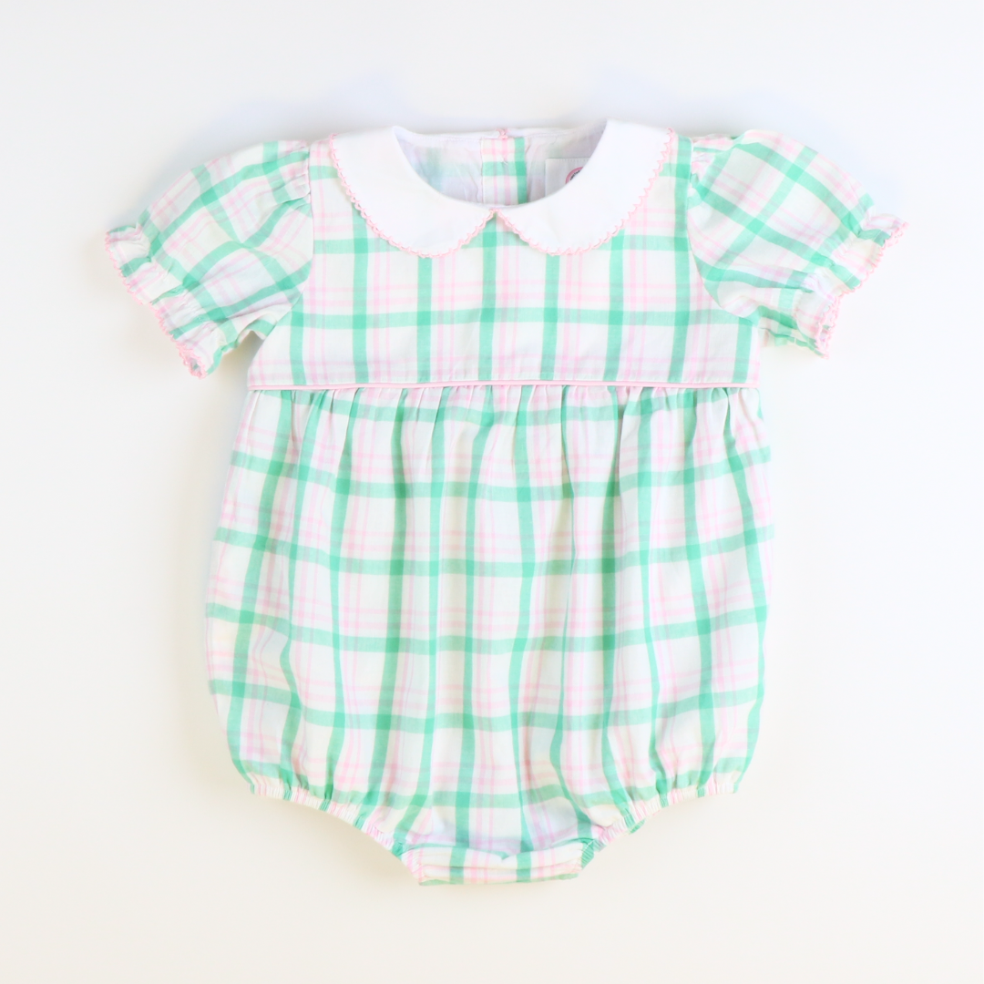 Collared Girl Bubble - Preppy Pink & Green Plaid