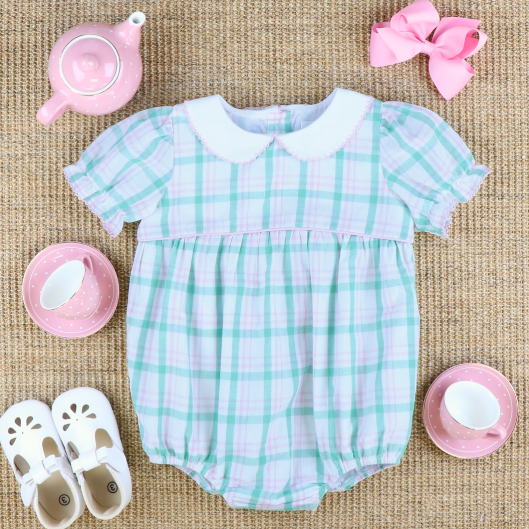 Collared Girl Bubble - Preppy Pink & Green Plaid