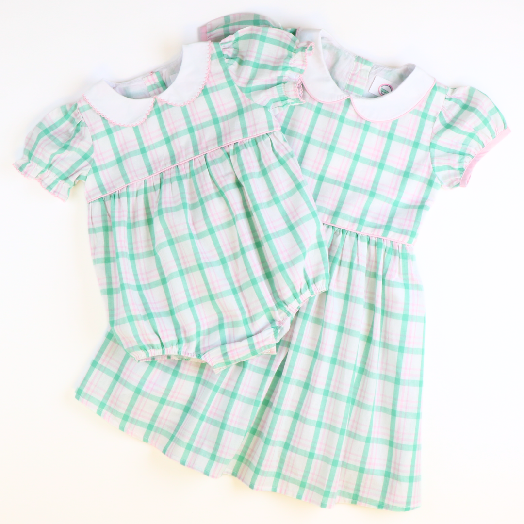 Collared Girl Bubble - Preppy Pink & Green Plaid