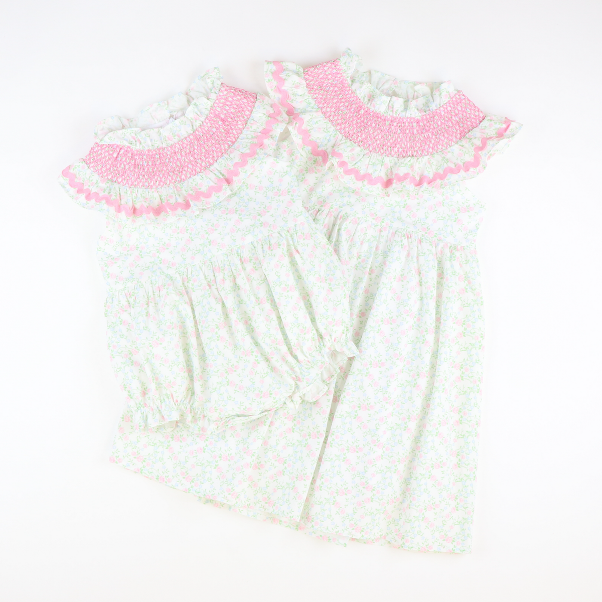 Smocked Ruffle Neck Girl Bubble - Pink & Blue Floral