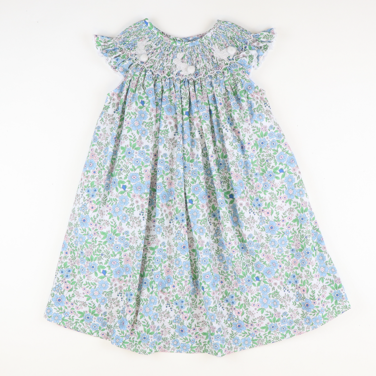 Smocked Silhouette White Bunnies Bishop - Pink & Blue Floral