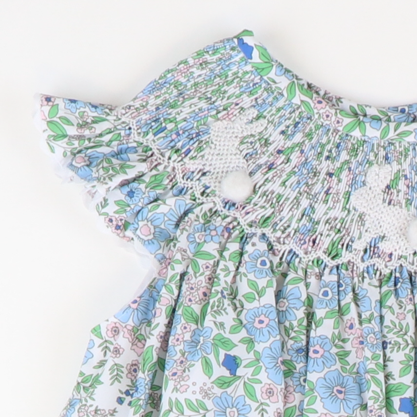 Smocked Silhouette White Bunnies Bishop - Pink & Blue Floral