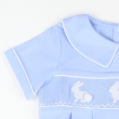 Smocked Silhouette White Bunnies Collared Boy Bubble - Blue