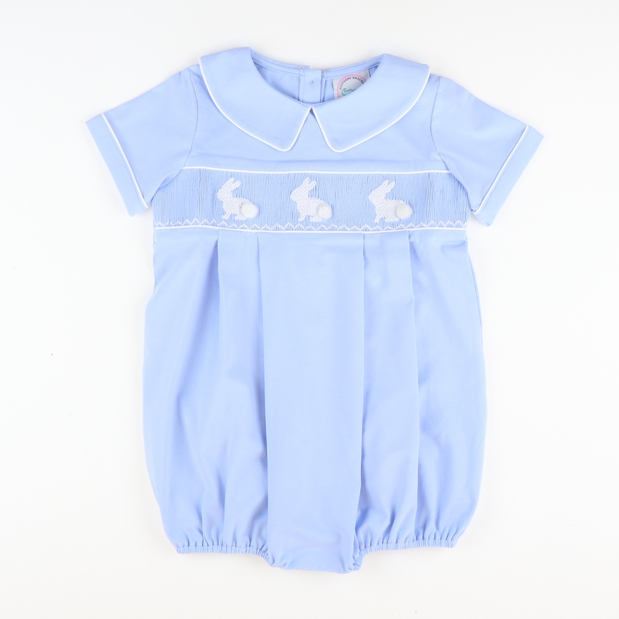 Smocked Silhouette White Bunnies Collared Boy Bubble - Blue