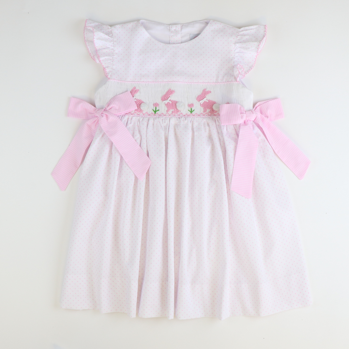 Smocked Silhouette Light Pink Bunnies Dress - Pink Tiny Dots