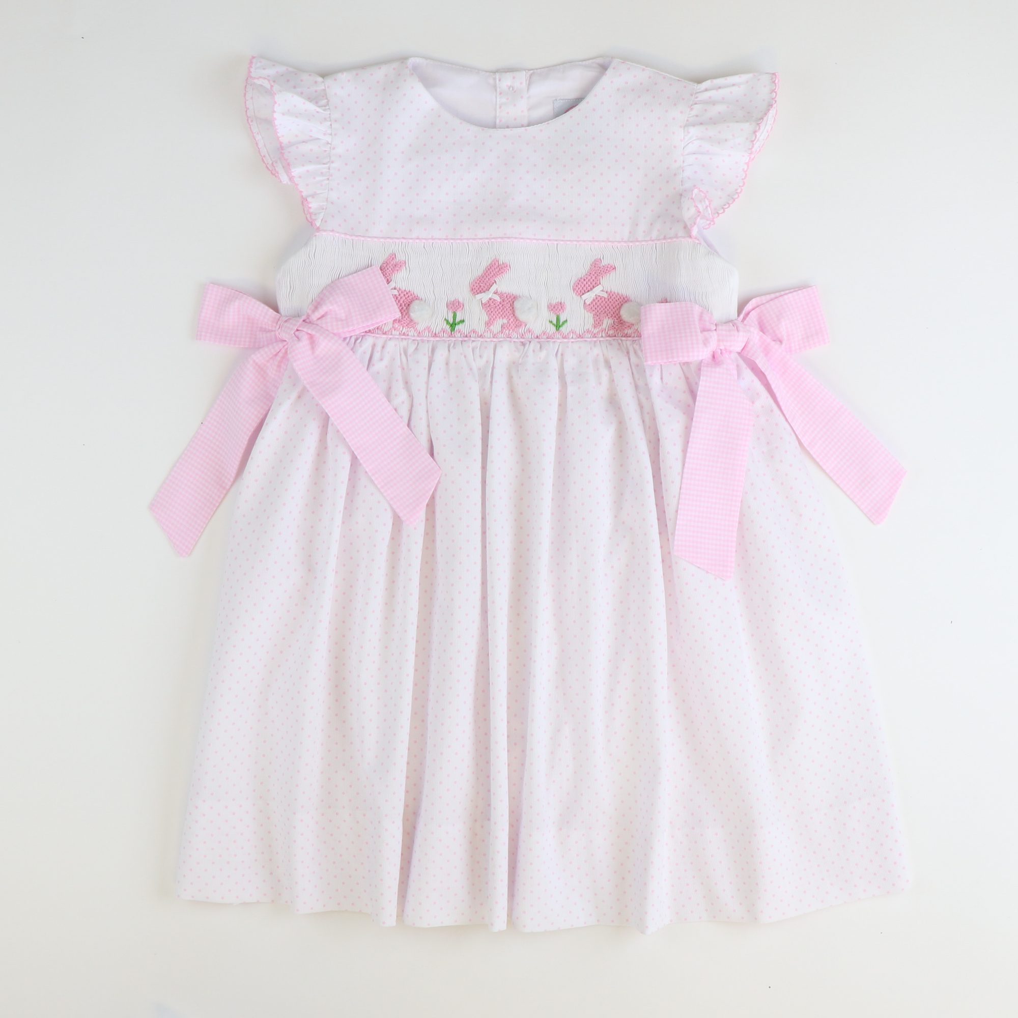 Smocked Silhouette Light Pink Bunnies Dress - Pink Tiny Dots