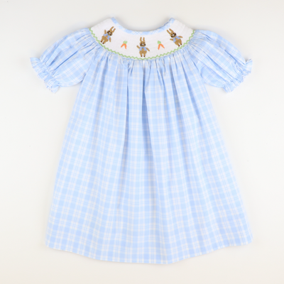 Smocked Classic Storybook Rabbits Bishop - Light Blue Plaid