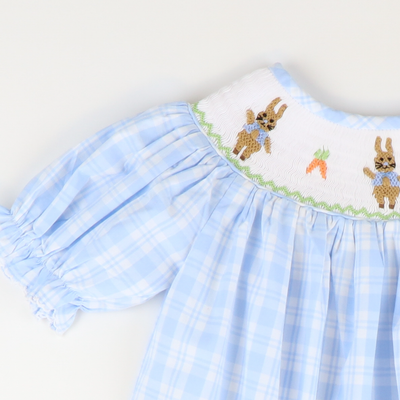 Smocked Classic Storybook Rabbits Bishop - Light Blue Plaid