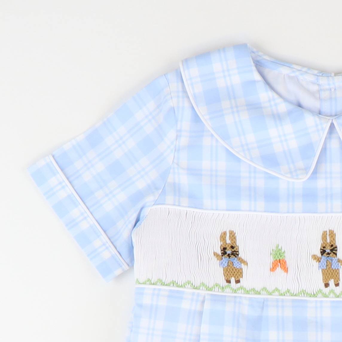 Smocked Classic Storybook Rabbits Boy Collared Bubble - Light Blue Plaid