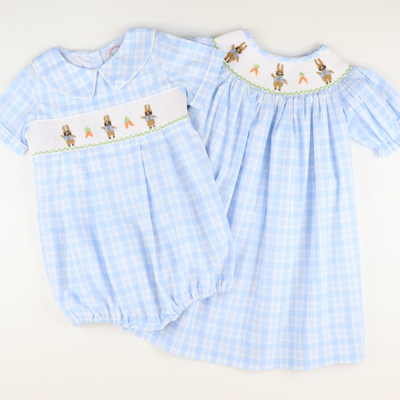 Smocked Classic Storybook Rabbits Boy Collared Bubble - Light Blue Plaid