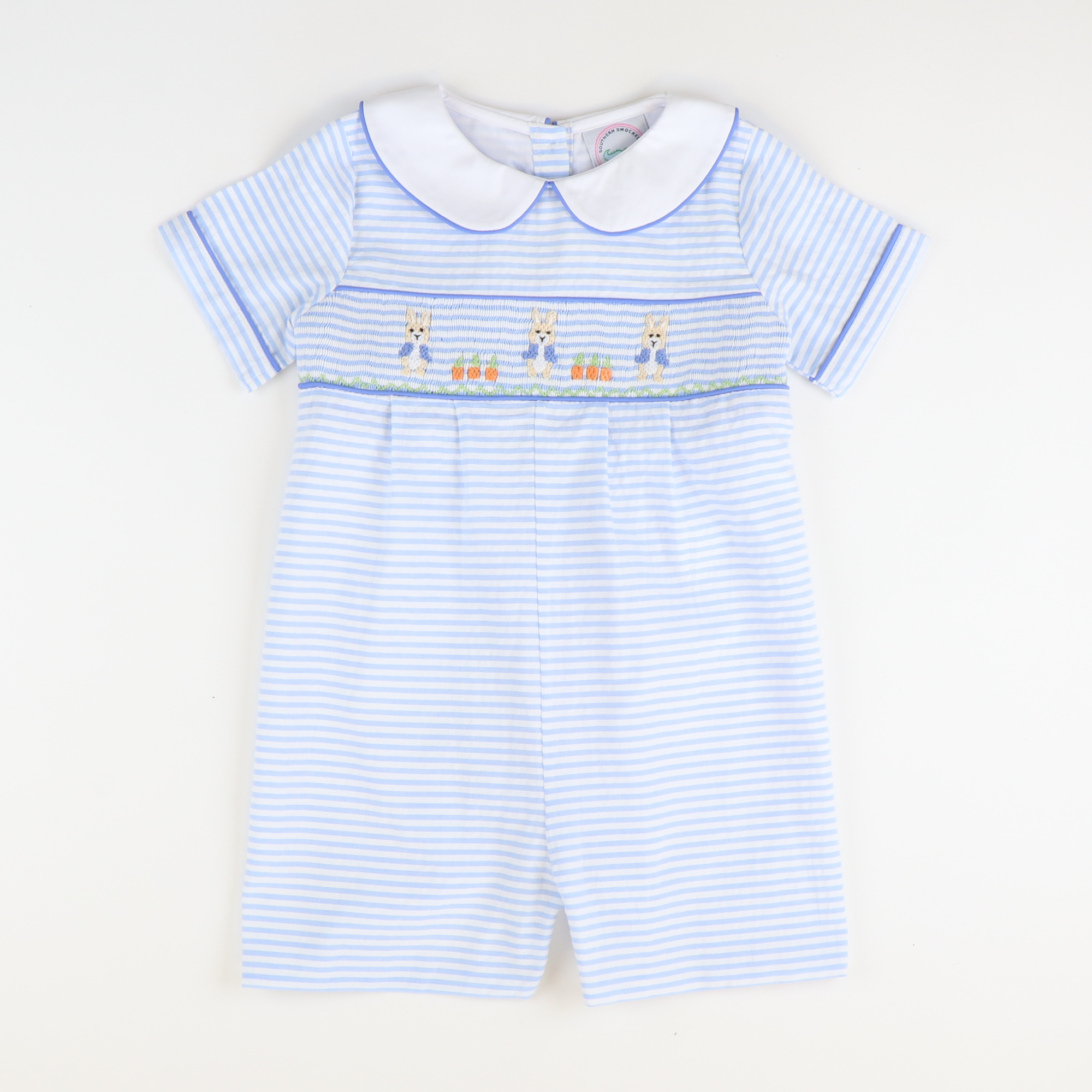 Smocked Storybook Rabbits Boy Collared Romper - Light Blue Stripe Seersucker