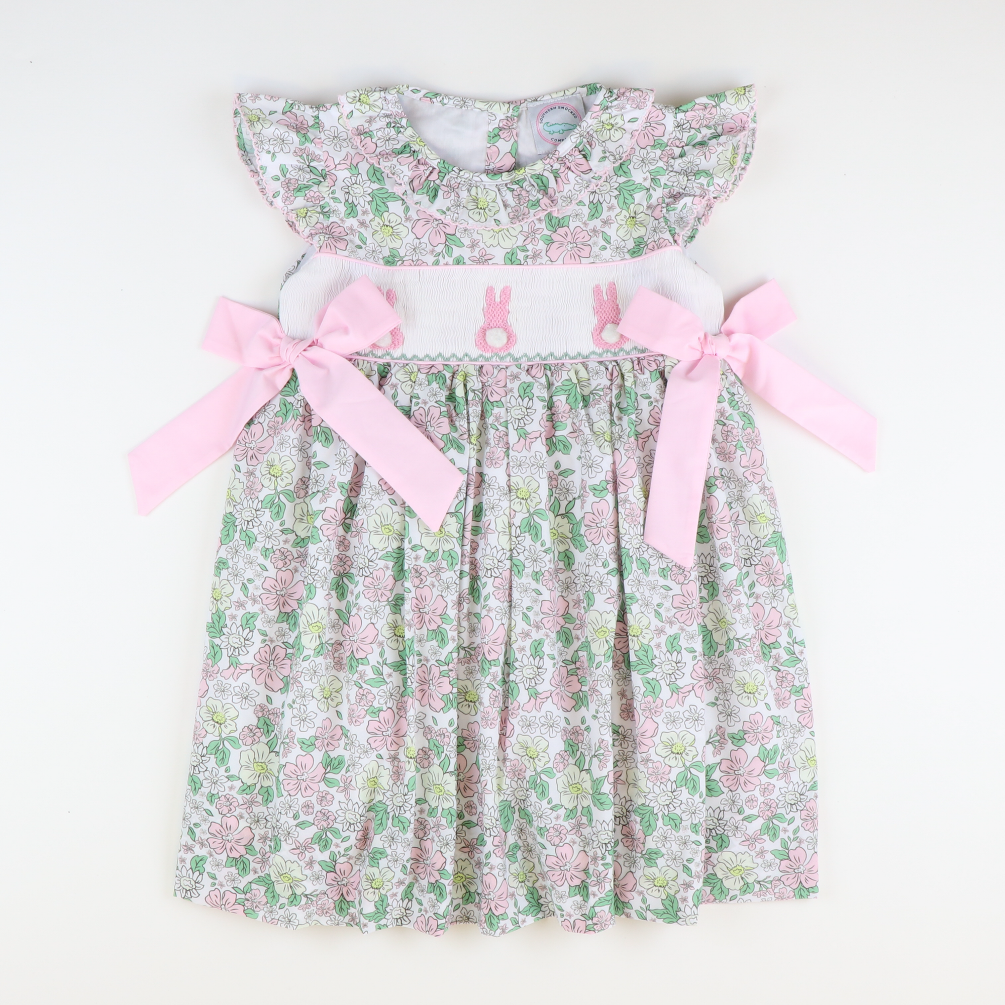 Smocked Cottontail Pink Bunnies Dress - Pink & Yellow Floral