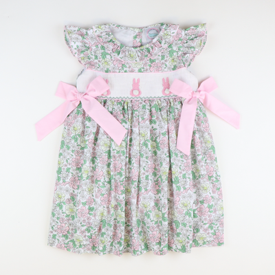 Smocked Cottontail Pink Bunnies Dress - Pink & Gold Floral