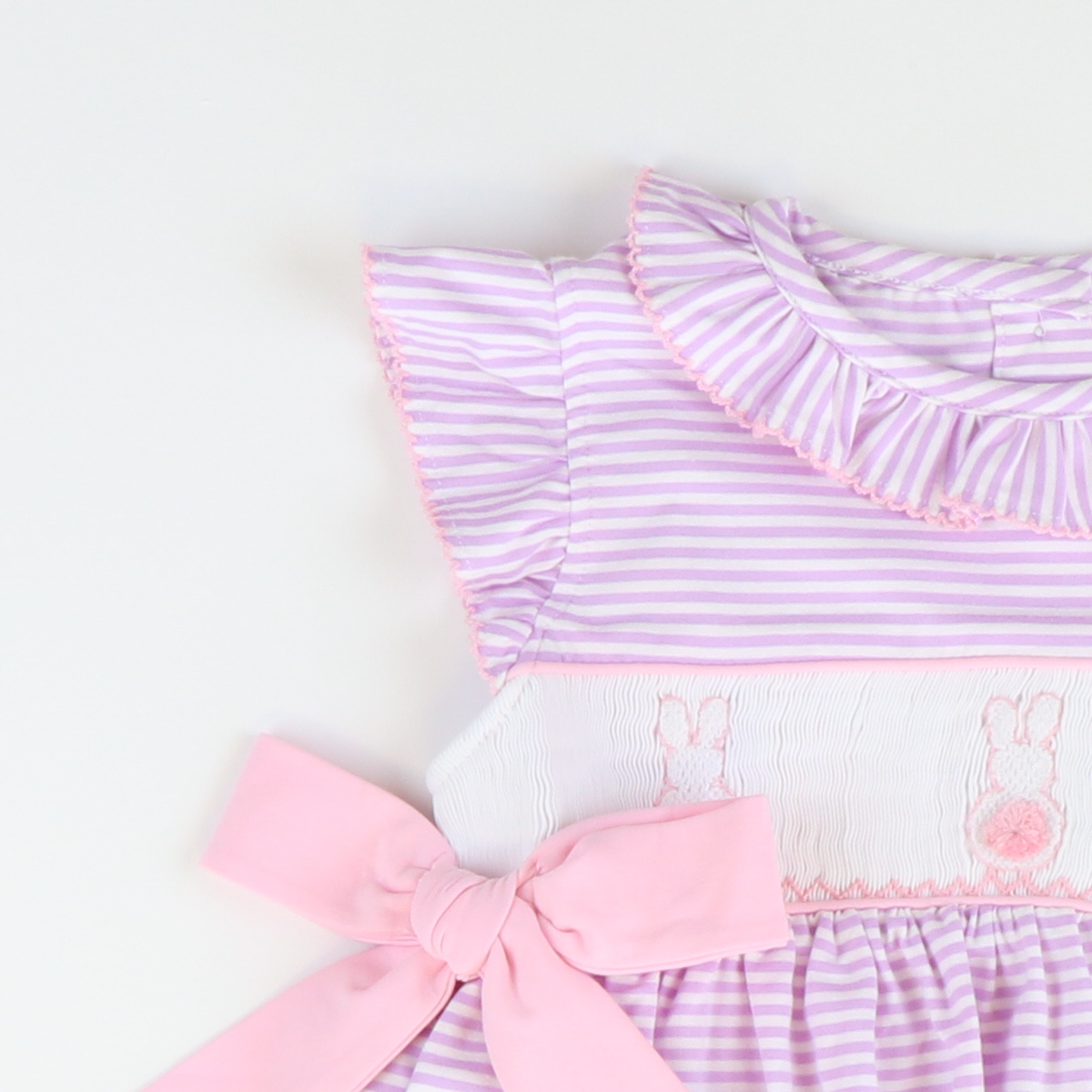 Smocked Cottontail Pink Bunnies Dress - Lavender Stripe Knit